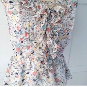 LC Lauren Conrad Cream Ruffle Blouse with Pastel Bird Print